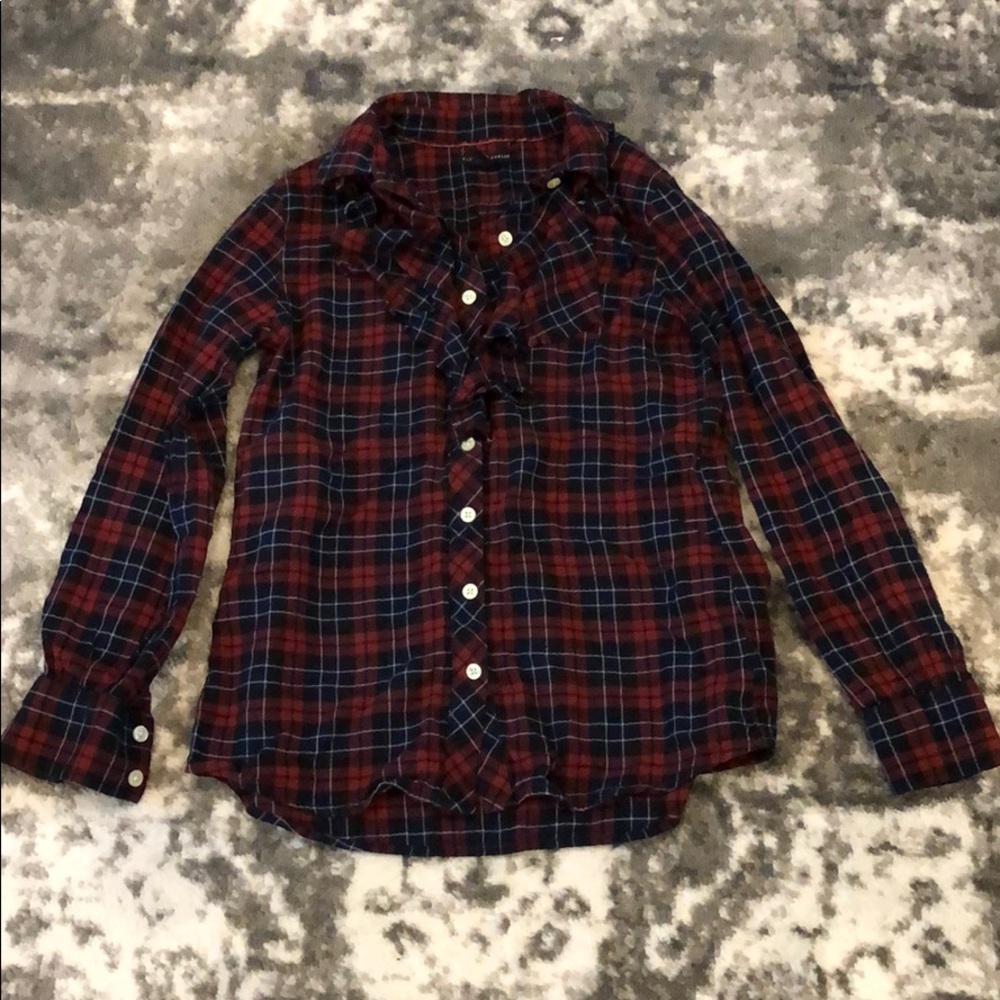Banana Republic Stretch Petite Plaid Ruffle Button